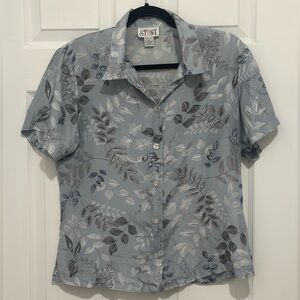 ✔️100% Silk Short Sleeves Silver Gray Leaves Blouse